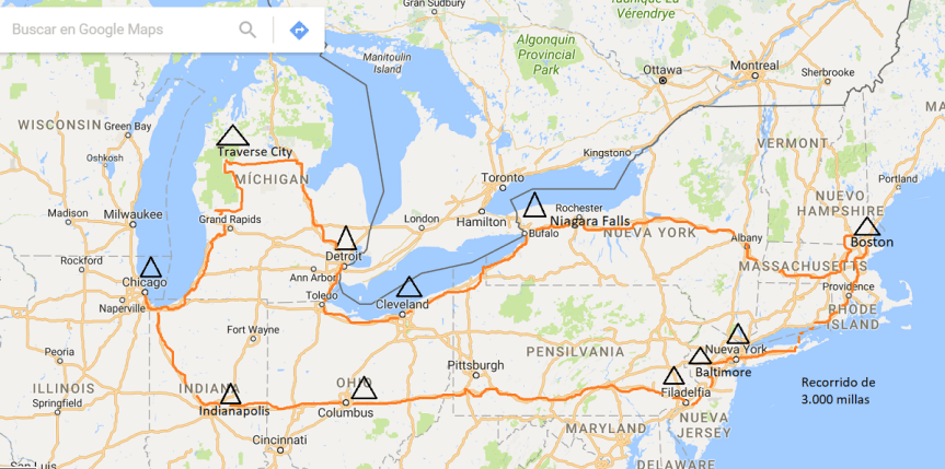 Mapa de Ruta: Paseo en carro desde New York a Chicago. 3.000 millas